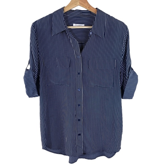 Equipment Femme 100% Silk Blue & White Striped Button Down Blouse Top Preppy - Picture 2 of 7
